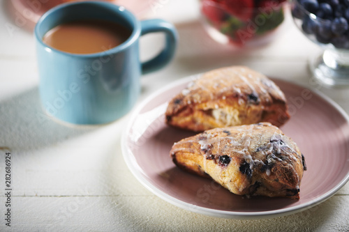 Blueberry Scones on Pink Plate with Coffee