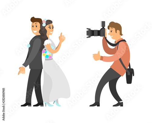 Wedding photo session of newlyweds by photographer. Groom in suit and bride wearing gown, funny spy pose, digital camera vector illustration isolated.