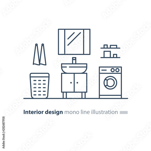 Bathroom design plan, facility items, washing mashine and sink