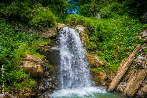 Park of waterfalls Mendeliha. Forest river and waterfall. Sochi. Rosa Khutor