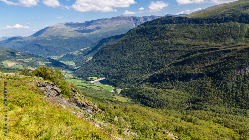 Panoromic view of the National Norwegian Scenic route Gaularfjellet between Myrkdalen and Vik in Norway Scandinavia (n13)