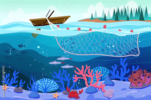 Vector seascape - wooden boat with a net, fishing, sky and underwater sea life with a school of fish and coral reefs. Summer tropical illustraion.
