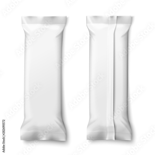 Vector realistic 3d white chocolate or wafer pack, front and back side isolated on white background.  Mock-up for product package branding.