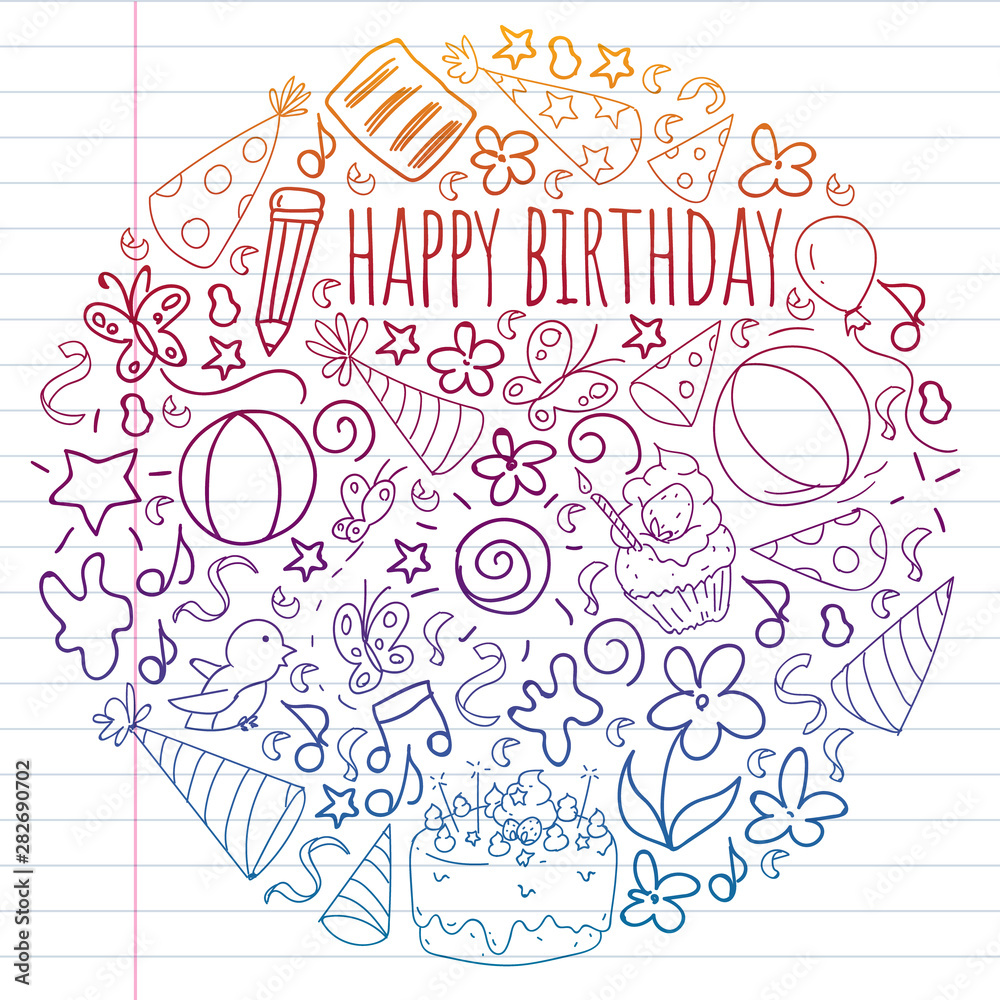 Vector set of cute creative illustration templates with birthday theme design. Hand Drawn for holiday, party invitations. Drawing by pen on exercise notebook.