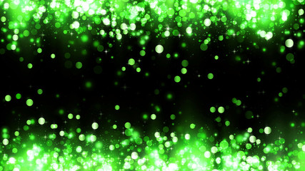 Background with green glitter particles. Frame of sparkling green magic particles. Beautiful background template for bright design