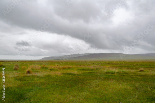 Chui steppe and summer clouds and view on Altai mountains  Altai Republic  Siberia  Russia.