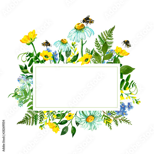 Watercolor wild flowers frame. Hand painted delicate meadow yellow and blue f...