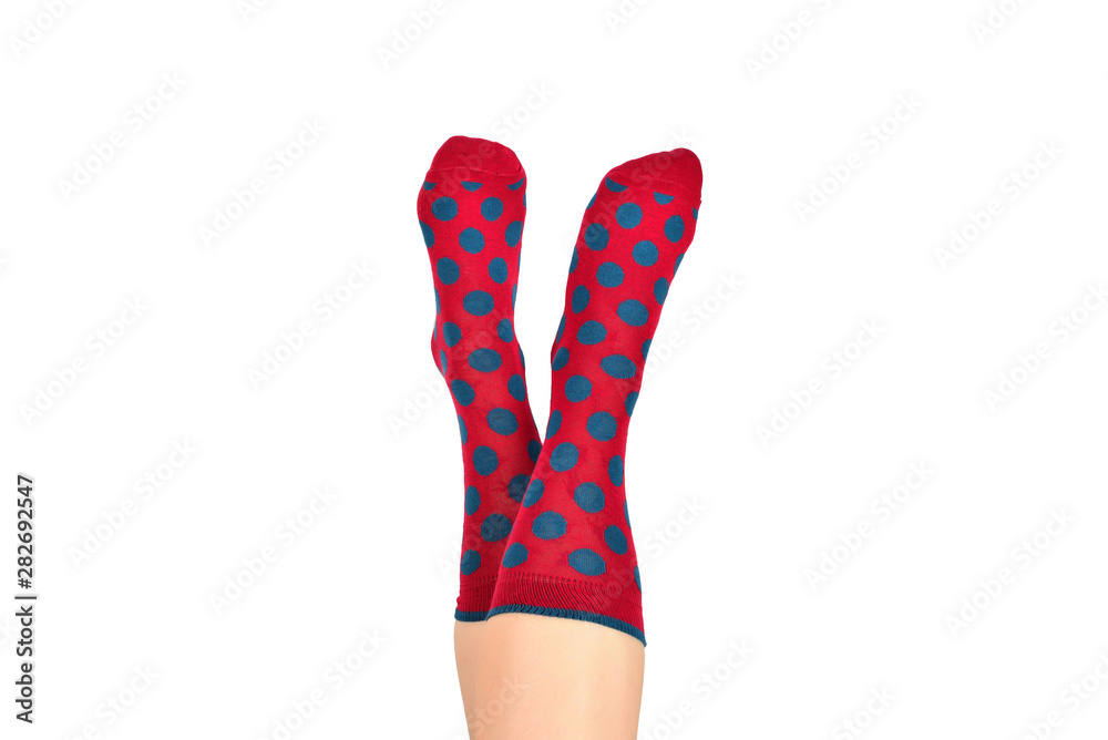 Woman in red socks isolated on white background. Top view. Woman in red socks isolated on white background. Top view.