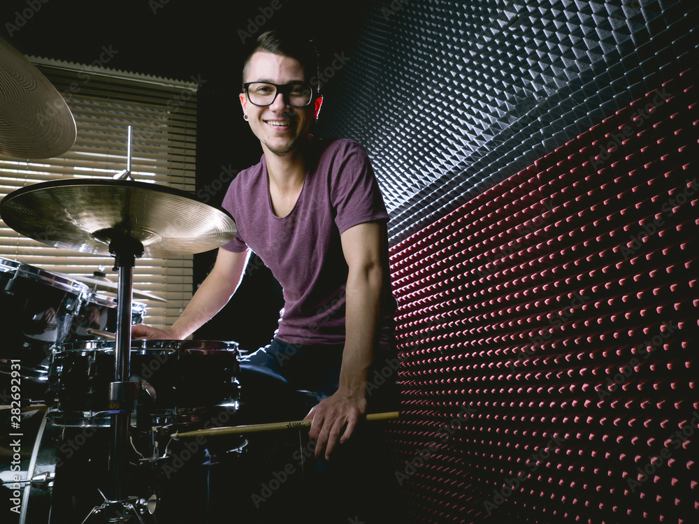 Fototapeta premium Drummer in recording studio
