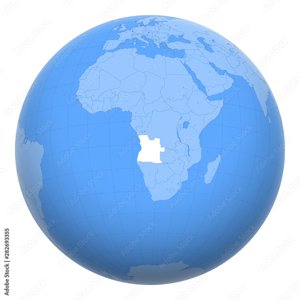 Angola on the globe. Earth centered at the location of the Republic of Angola. Map of Angola. Includes layer with capital cities.