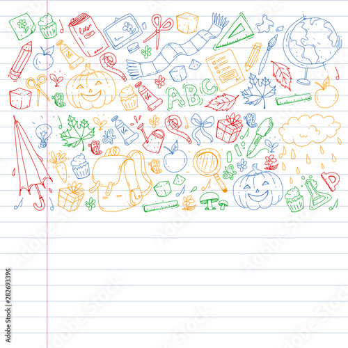 Back to school vector pattern. Education icons for children.