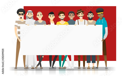Diversity concept background , group of happy multi ethnic men standing together and holding empty board , vector , illustration
