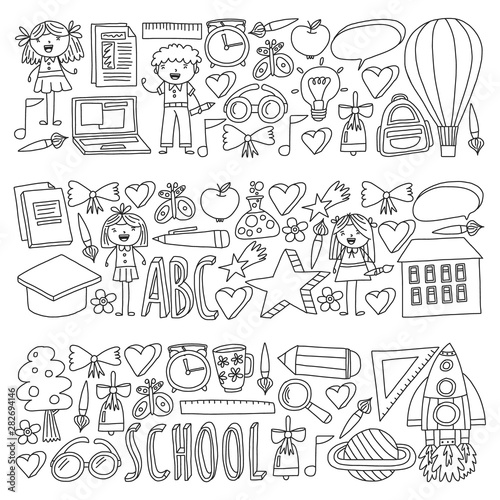 Vector set of Back to School icons in doodle style. Painted, colorful, pictures on a piece of paper on white background. Drawing by black pen on notebook.