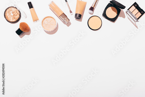 Upper flat lay frame of makeup products