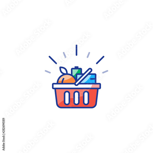 Red basket with grocery products, promotion deal, shopping food line icon