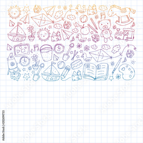 Kindergarten with toys. Pattern for children. Little preschool kids education. Drawing, learning, play