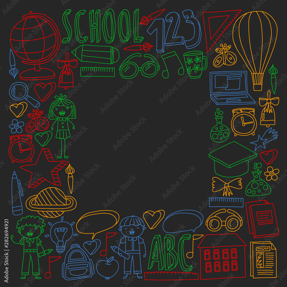 Vector set of back to school icons in doodle style. Drawing with colored chalk on a school blackboard.