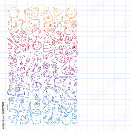 Kindergarten with toys. Pattern for children. Little preschool kids education. Drawing, learning, play