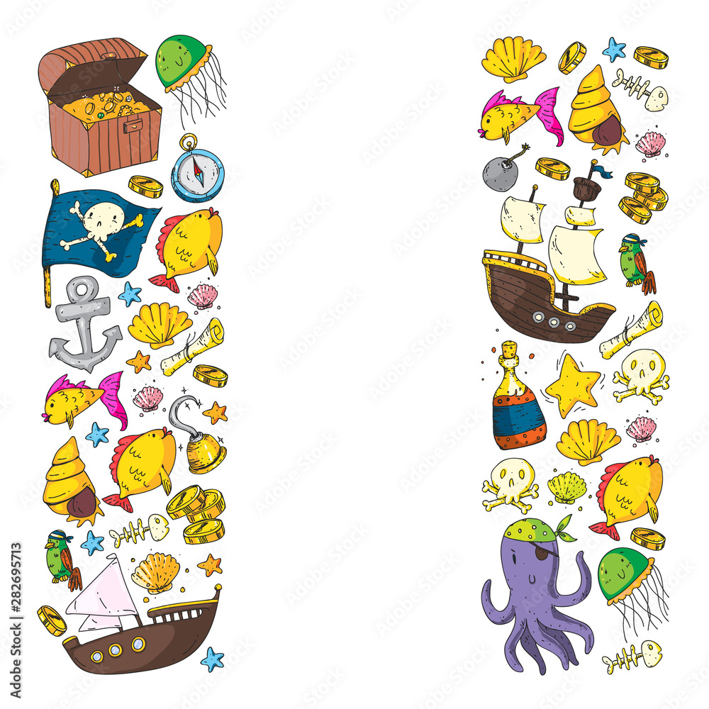 Fototapeta premium Ocean and sea for children. Pattern for boys. Pirate party. Cute fishes, animals, treasures. Kids vacation pattern, beach toys and elements.