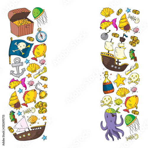 Fototapeta Naklejka Na Ścianę i Meble -  Ocean and sea for children. Pattern for boys. Pirate party. Cute fishes, animals, treasures. Kids vacation pattern, beach toys and elements.