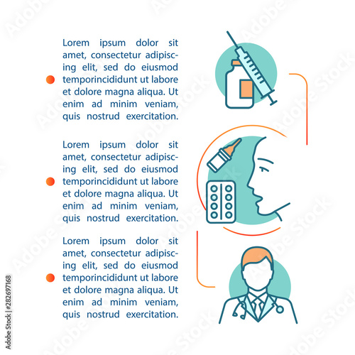 Allergy treatment article page vector template. Vaccination, immunization. Brochure, magazine, booklet design element with linear icons, text boxes. Print design. Concept illustrations with text space