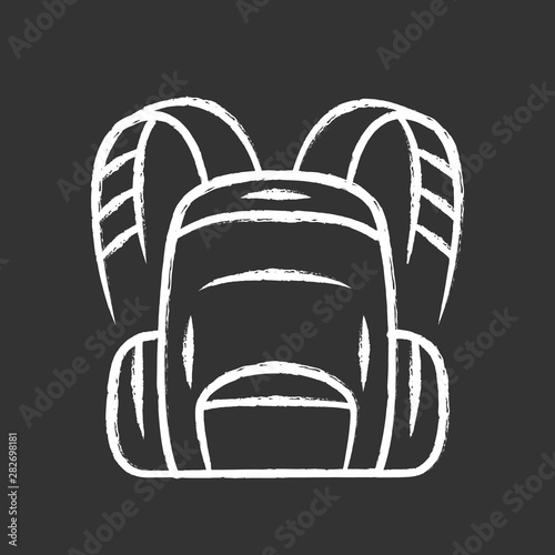 Backpack, hiking bag chalk icon. Carry on baggage, luggage. Travelling, tourism equipment, item. Camping trip bag, schoolbag, rucksack, knapsack. Isolated vector chalkboard illustration