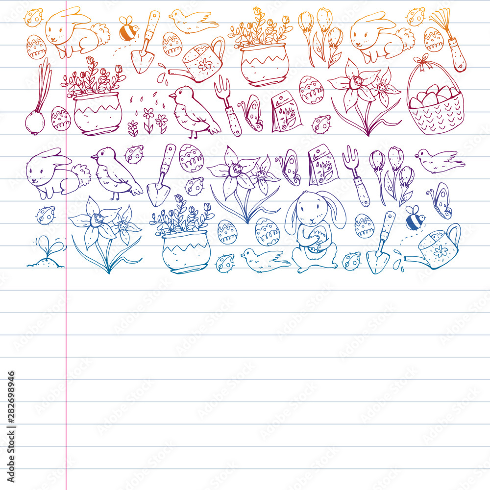 Vector pattern with easter and spring elements. Eggs in basket, bunny, flowers, birds Vector pattern with easter and spring elements. Eggs in basket, bunny, flowers, birds