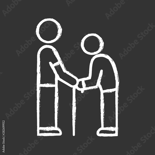 Elderly people help chalk icon. Volunteer responsibility for old people. Assistance program for pensioners. Caring about old parents. Man holds senior by hands. Isolated vector chalkboard illustration