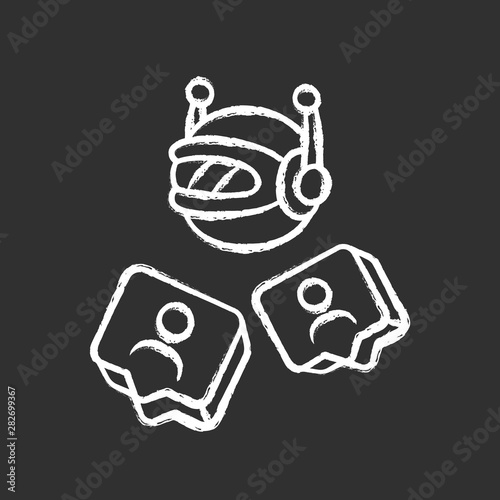 Social bot chalk icon. Socialbot, chatbot. SMM automation tool. Software program. Automatically generating messages. Network communication. Online help service. Isolated vector chalkboard illustration photo