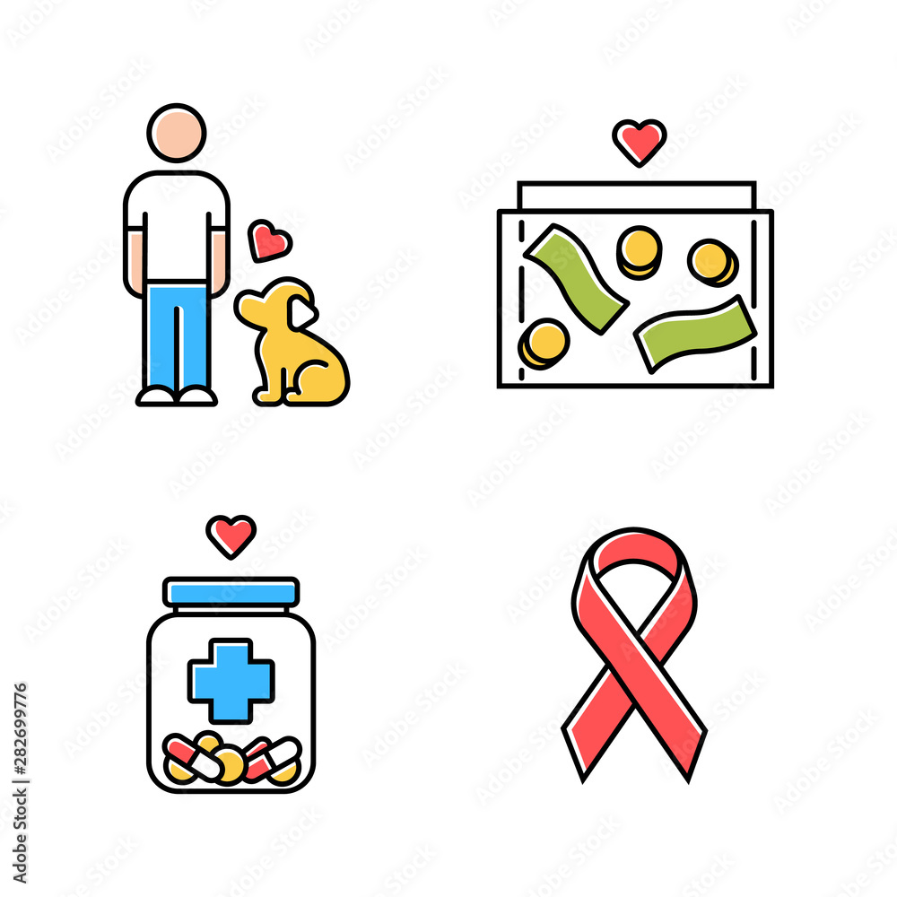 Volunteering color icons set. Humanitarian assistance. Altruistic activity. Animals welfare, donation box, medical aid, awareness ribbon. Isolated vector illustrations Volunteering color icons set. Humanitarian assistance. Altruistic activity. Animals welfare, donation box, medical aid, awareness ribbon. Isolated vector illustrations