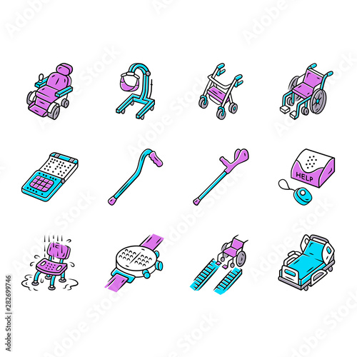 Disabled devices color icons set. Mobility aid, handicapped medical equipment. Facilities for blind, paralyzed, old people. Hospital, retirement home equipment. Isolated vector illustrations
