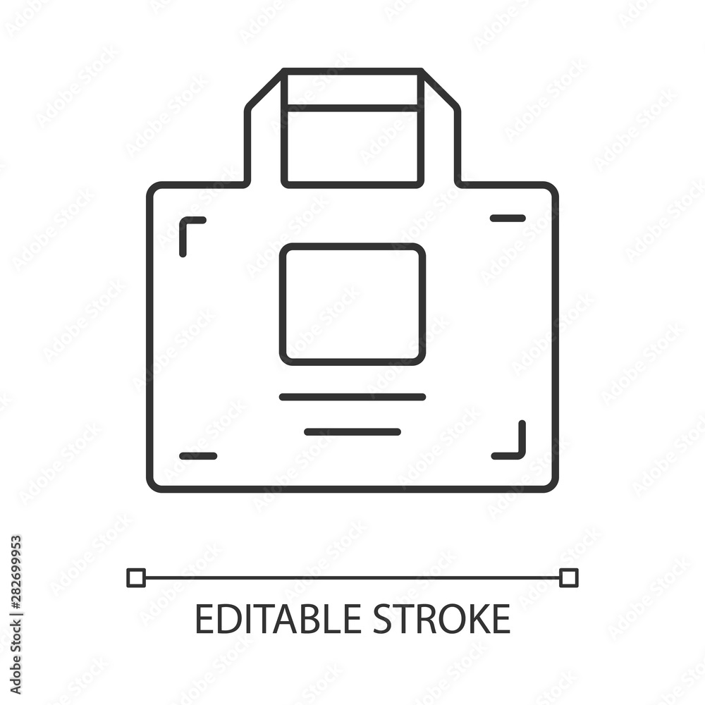 Package, shopping bag linear icon. Handbag thin line illustration. Businessman briefcase contour symbol. Corporate identity, branded merchandise vector isolated outline drawing. Editable stroke Package, shopping bag linear icon. Handbag thin line illustration. Businessman briefcase contour symbol. Corporate identity, branded merchandise vector isolated outline drawing. Editable stroke