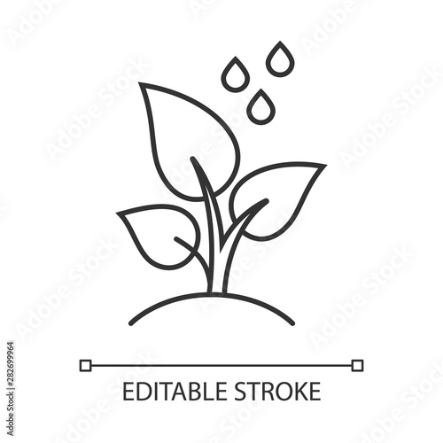 Trees planting linear icon. Reforestation volunteer project. Small plant and water drops. Social activity. Thin line illustration. Contour symbol. Vector isolated outline drawing. Editable stroke