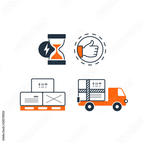 Delivery logistics services icons set, move boxes, loading truck, time