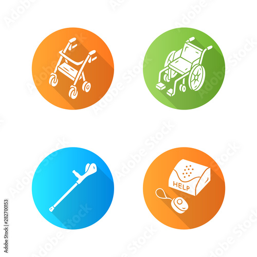 Disabled devices flat design long shadow glyph icons set. Rollator, manual wheelchair, forearm crutch, personal emergency response system. Handicapped equipment. Vector silhouette illustration
