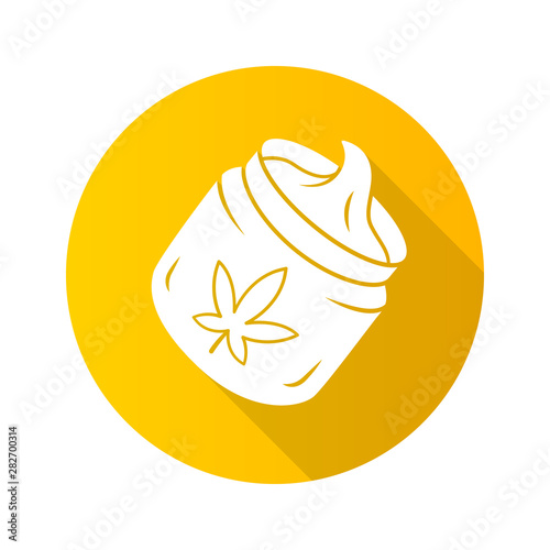 Hemp cream flat design long shadow glyph icon. Cannabis cosmetic product. Ganja distribution and sale. Jar of weed lotion. Marijuana legalization. CBD oil herbal cream. Vector silhouette illustration