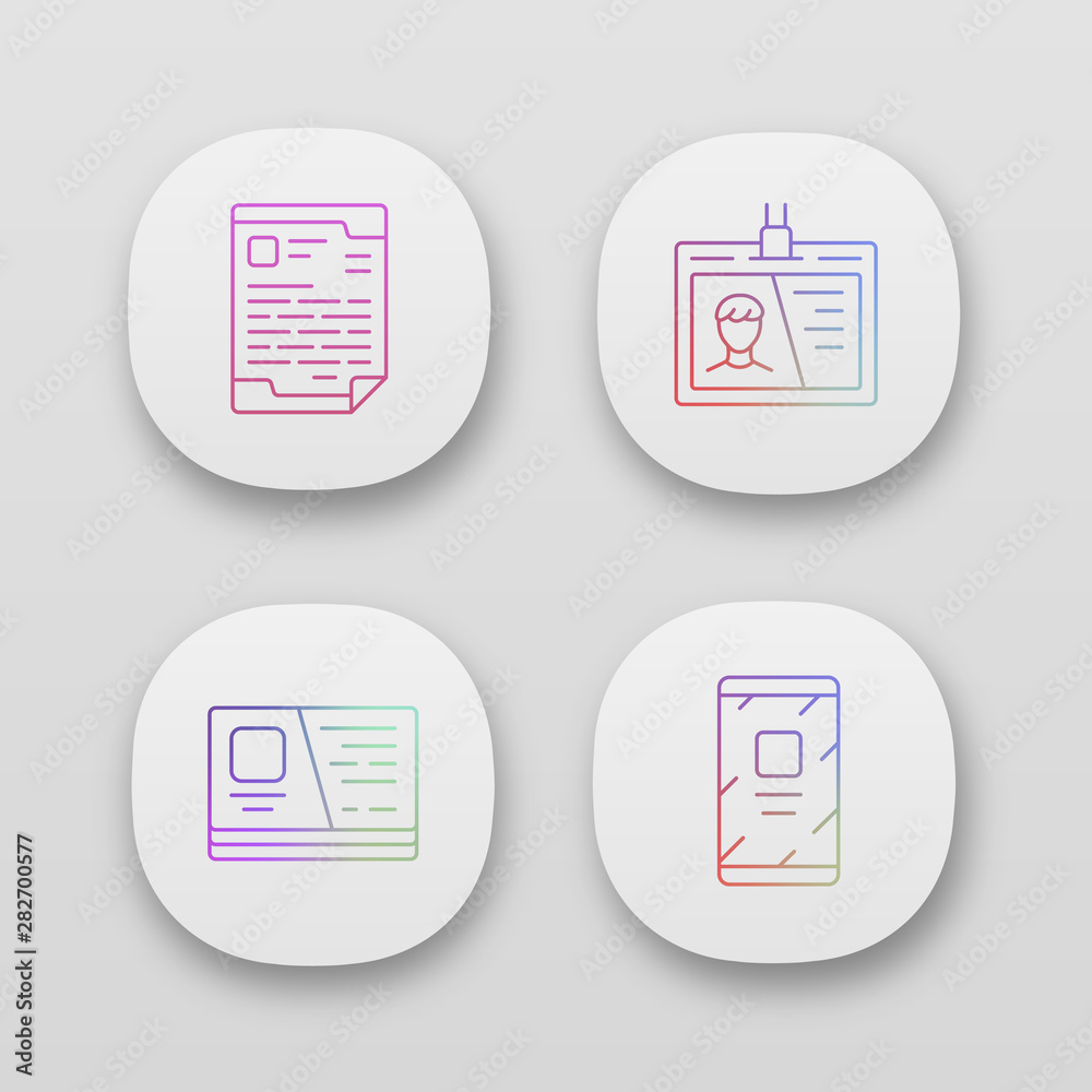 Business supplies app icons set. UI/UX user interface. Web or mobile applications. Businessman tools vector isolated illustrations. Letterhead paper, employee badge, id card and mobile phone