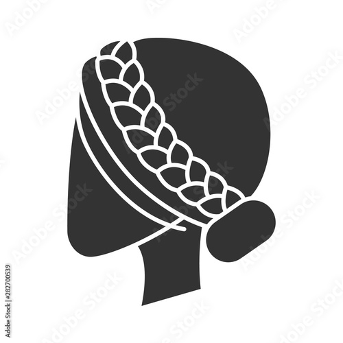 Woman hairstyle glyph icon. Professional hairstyling. Female head with braided hair. Hairdresser services. Barbershop. Hair care. Silhouette symbol. Negative space. Vector isolated illustration