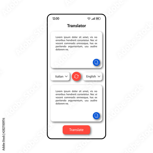 Translator online smartphone interface vector template. Mobile app page color design layout. Text translation options screen. Flat UI for application. Foreign languages interpreter phone display