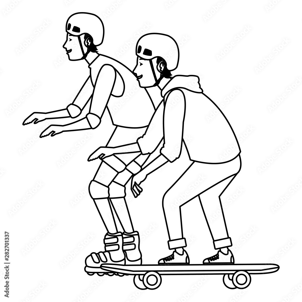 Young people on skateboard and skates in black and white Young people on skateboard and skates in black and white