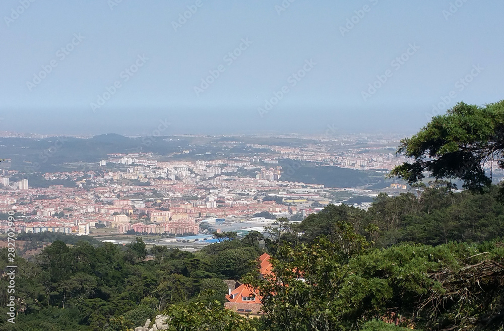Aerial view of Sintra town from Pena Palace, Lisbon district, Portugal