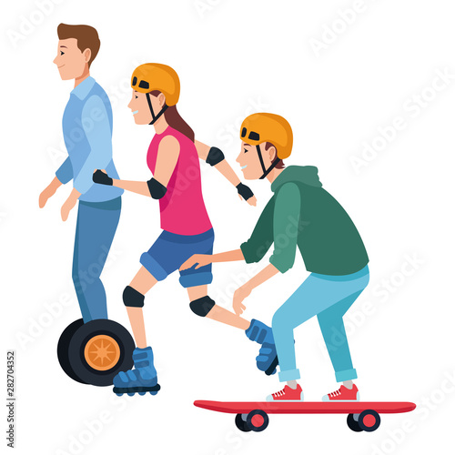 People with scooter and skateboard