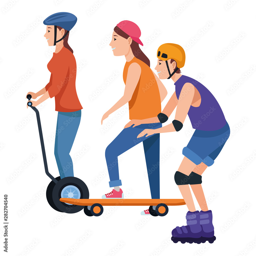 People with scooter and skateboard People with scooter and skateboard