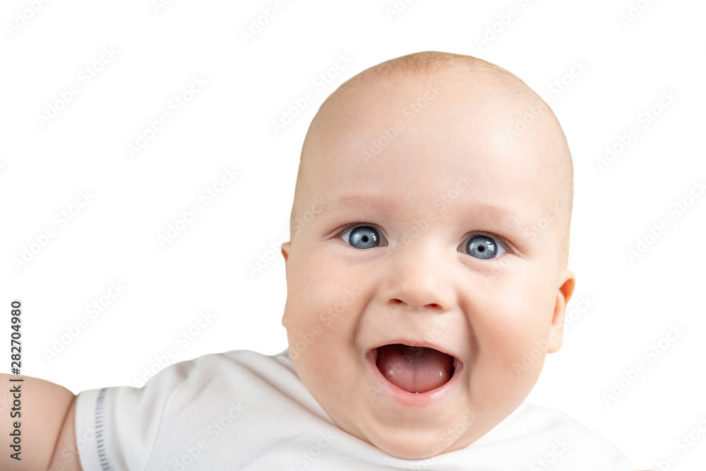 Close-up portrait of happy laughing caucasian blond baby boy isolated on white. Cute adorable fun child face Close-up portrait of happy laughing caucasian blond baby boy isolated on white. Cute adorable fun child face
