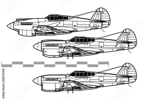 Curtiss P-40 Warhawk. Outline vector drawing