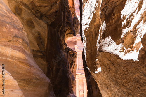 The stone walls of the narrow passage (Siq) that leads to Petra in Jordan