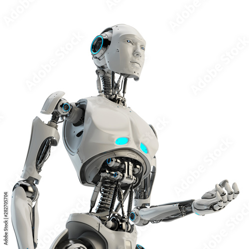 Smart handsome robot man torso with an open mechanical digestive system gesturing, 3d rendering