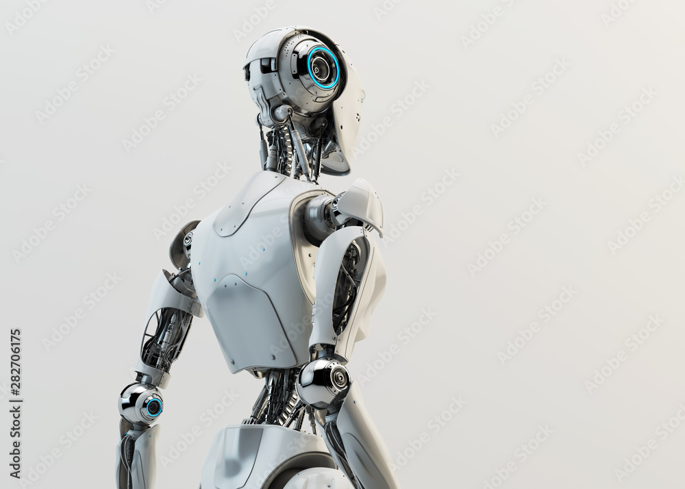 Smart handsome robot man torso backwards, 3d rendering