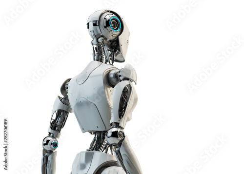 Smart handsome robot man torso backwards, 3d rendering