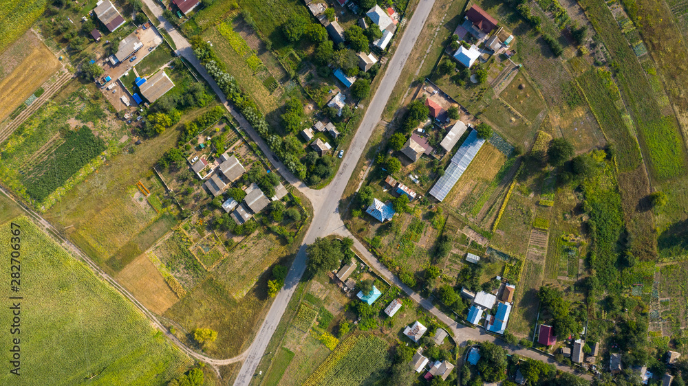 Village with a bird's eye view. Gardening.